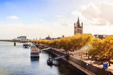 Ren Nehri, Rheingarten (Ren parkı) ve Büyük St. Martin Kilisesi (Gro St. Martin) sonbahar güneşi altında parlıyor. 