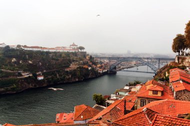 Porto 'da sisli bir sabah: Tipik kırmızı çatılar üzerinde uçan kuşlar ve Douro Nehri' ni geçen ünlü Dom Lus I Köprüsü (Ponte de Dom Lus I)
