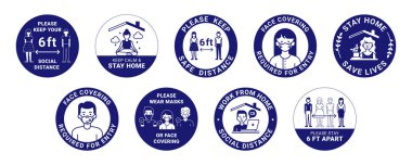 COVID-19 etiketleri. Korunma, sosyal uzaklık, yüz kaplama, el yıkama, dezenfektan kullanma, yüzeyleri temiz tutma, evden çalışma ve koronavirüsü durdurma gibi modern işaretler.