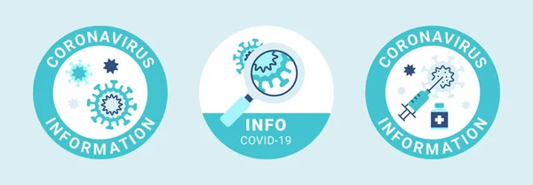 COVID 19 yeşil etiketli. Coronavirüs simgeleri. Arama ve aşı hakkında bilgi işaretleri