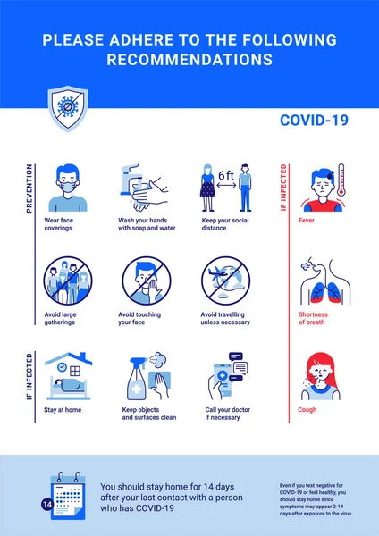 Modern COVID-19 önleme, semptomlar ve enfeksiyon kaparsa ne yapılacağıyla ilgili tavsiyeler. Poster, stand, afiş, harf veya el ilanı için bilgi grafikleri şablonu