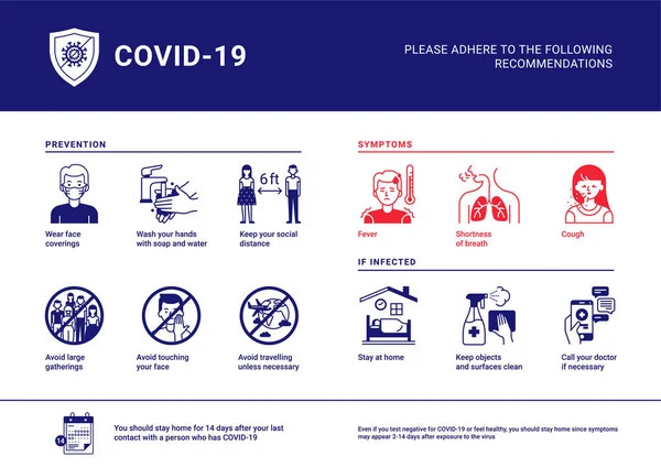 Modern COVID-19 önleme, semptomlar ve enfeksiyon kaparsa ne yapılacağıyla ilgili tavsiyeler. Poster, stand, afiş, harf veya el ilanı için bilgi grafikleri şablonu