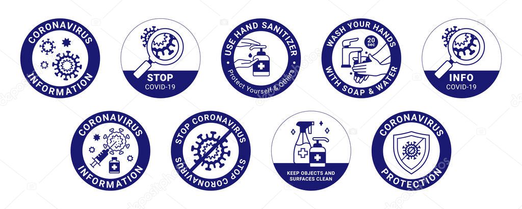 COVID-19 labels. Modern signs about protection, social distancing, wearing face covering, washing hands, using sanitizer, keeping surfaces clean, working from home and stop coronavirus