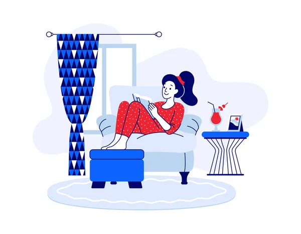 Happy Young Woman Sitting Sofa Reading Book Drinking Cocktail Girl — Stock Vector