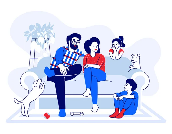 Aile kanepede oturup konuşuyor. Ebeveynler, çocuklar, anne, baba, erkek kardeş, kız kardeş modern evde köpeklerle eğleniyor. Çizgi film ve ev dekorasyonu vektör illüstrasyonu