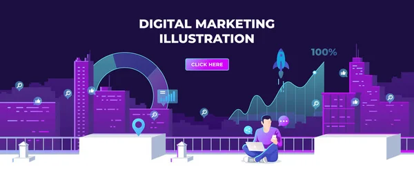 Ilustração Vetorial Marketing Digital Moderna Para Página Web Paisagem Urbana — Vetor de Stock