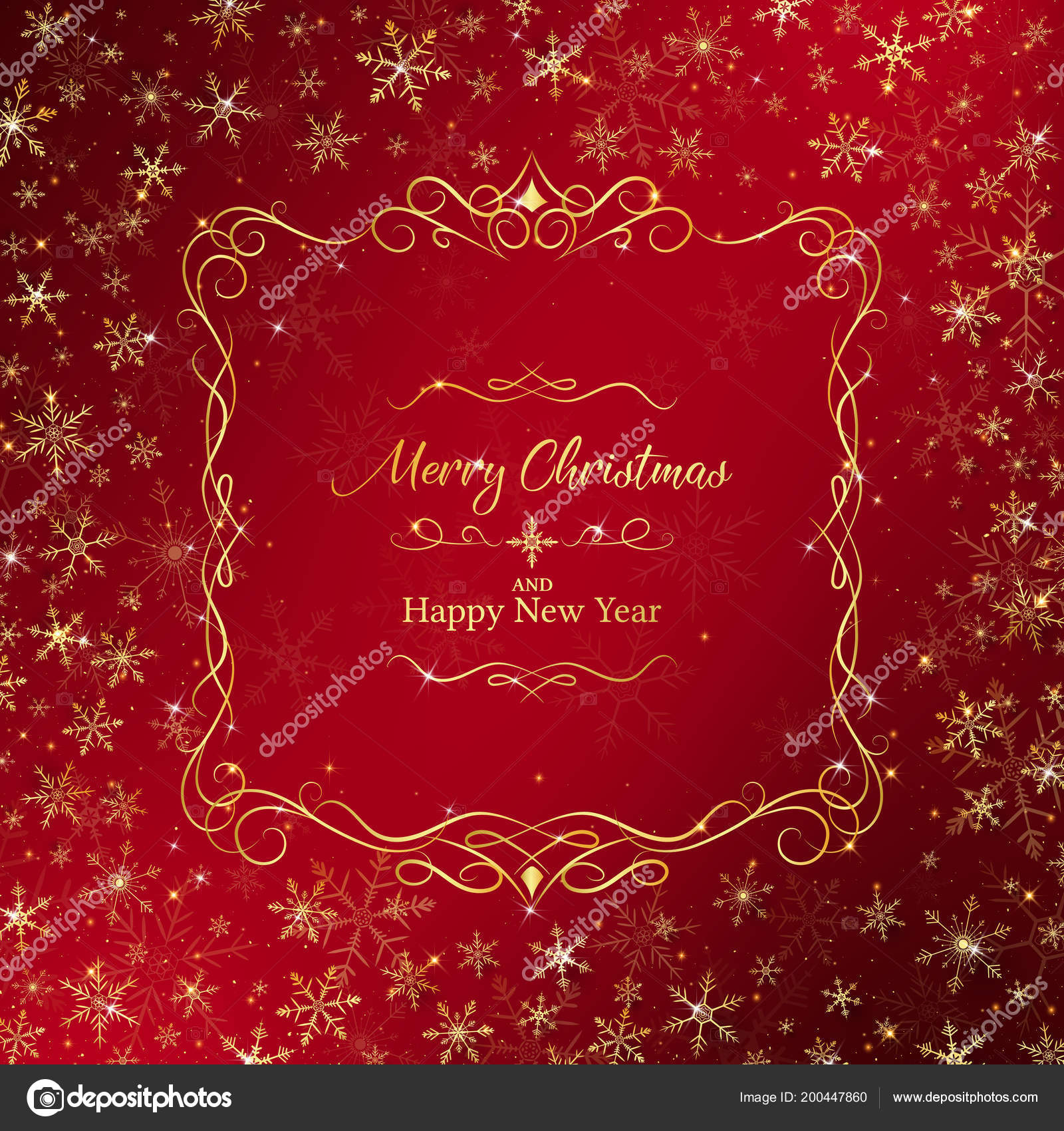 黄金の雪と高級ボーダーの中間によって丸めクリスマス背景にメリー クリスマスと新年あけましておめでとうございますの文字が含まれています ストックベクター  ©koojadoo 200447860, image size:1600x1700
