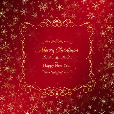 Christmas background rounding by golden snowflakes and luxury border middle included merry christmas and happy new year lettering clipart