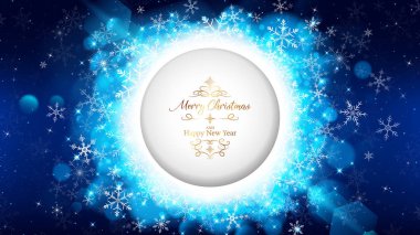 mavi Noel kartı şablonu daire oymalı orta dahil altın harflerle vardır. Tarafından beyaz kar taneleri yuvarlama daire orta mavi bokeh ve parlak ray ışık ile birlikte dışarı yayılıyor.