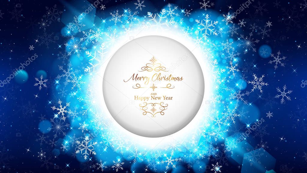 blue Christmas card template has circle die-cut on the middle included gold lettering.Circle rounding by white snowflakes are spreading out of middle along with blue bokeh and shining ray light.
