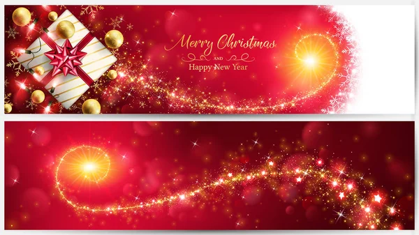 Weihnachtsrotes Banner Mit Goldenem Sternenstaub Durch Die Geschenkbox Mit Ornamenten Stockillustration