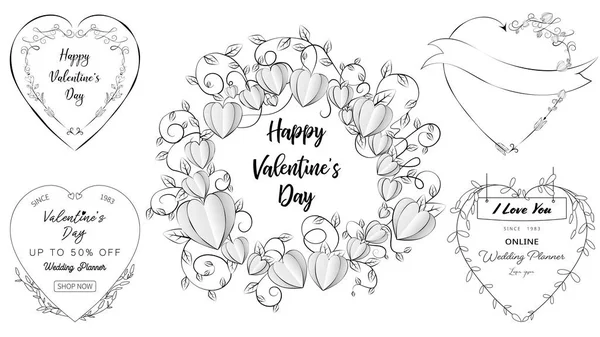 Doodle Серце Банери Набір Елементів Валентина Весілля — стоковий вектор