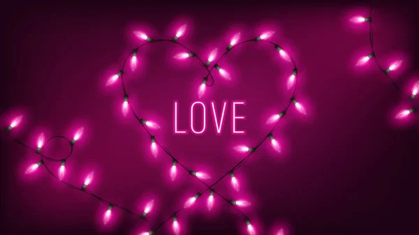Pink Fairy Lights Heart Shape Hang Dark Background Neon Text — Stock Vector