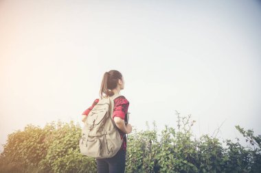 Dağ Zirvesi bulutlar üzerinde seyahat hayat Tırmanma adam Traveler