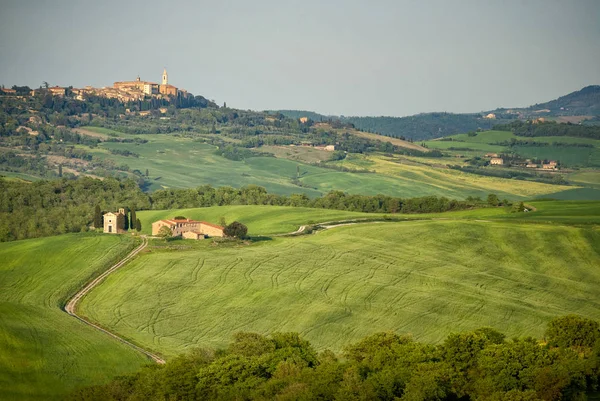 Pienza Kapell Den Madonna Vitaleta Med Staden Pienza Bakgrunden Siena — Stockfoto