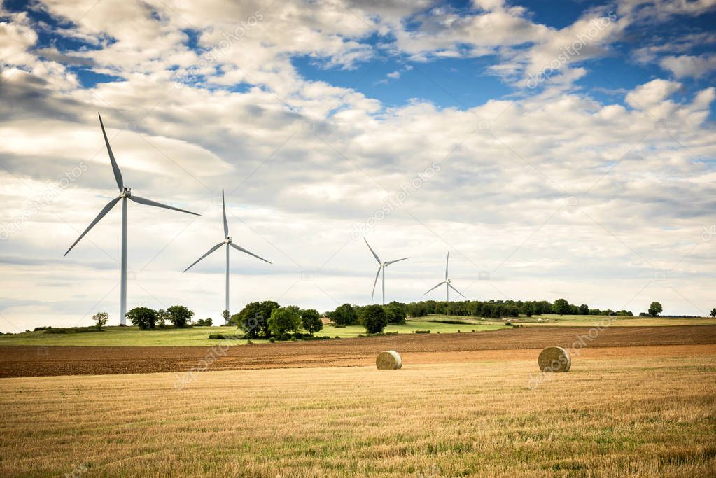 Wind turbines and agriculture. Alsace, France.