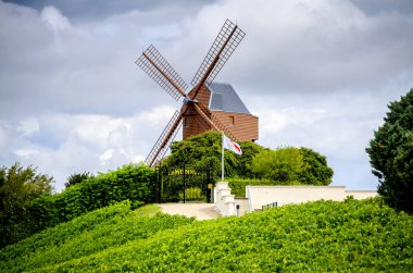 Şampanya. Bağ ve yel değirmeni şampanya bölge Vernezay yakın. Fransa