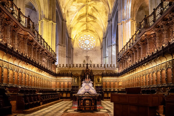 SEVILLE, ANDALUSIA, SPAIN, APRIL 3, 2018: interior of the famous cathedral of Seville in Andalucia, declared a World Heritage Site is one of the largest Gothic cathedrals in the Western world