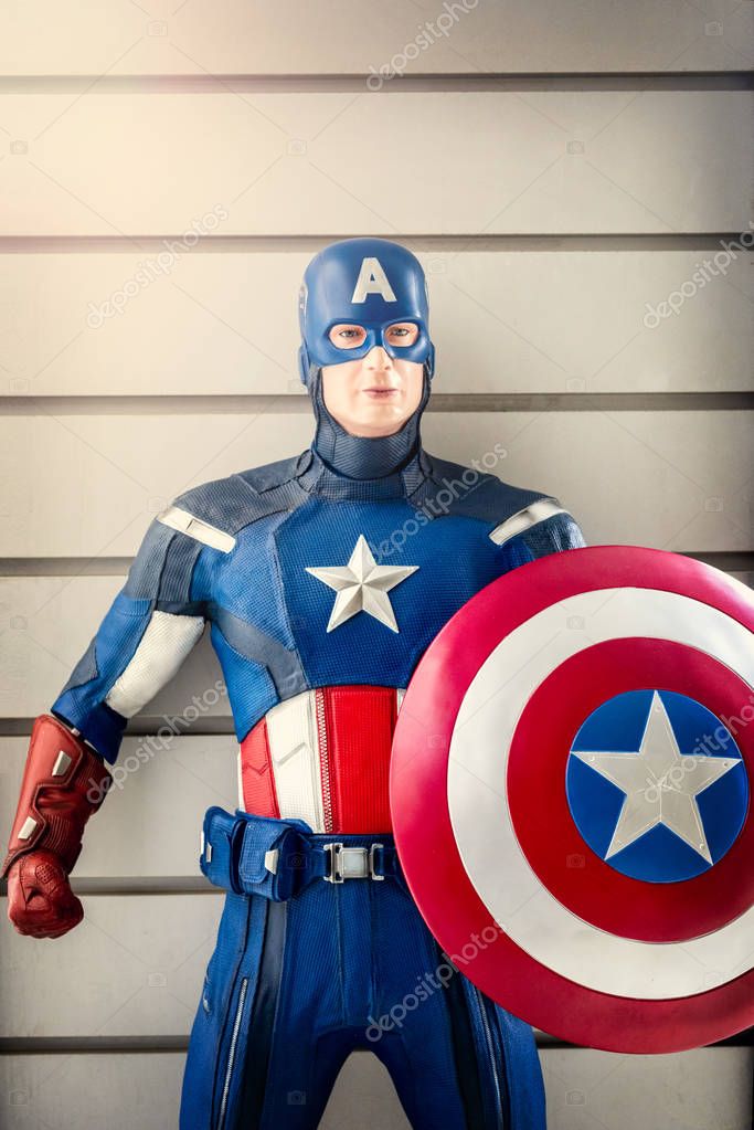 AOSTA - FORTE DI BARD - APRIL 26, 2019: A model of Captain America at the Bard Fort in Aosta valley, where some scenes of Avengers: Age of Ultron were shot. Italy