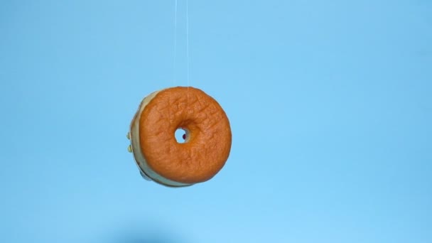 Donut draait in de lucht. geïsoleerd op een blauwe achtergrond — Stockvideo