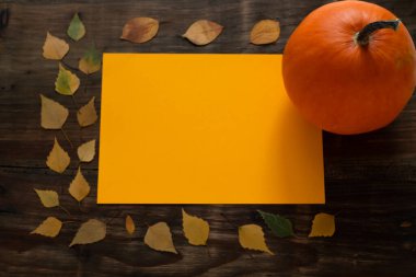 Kahverengi arka planda sarı yaprakların yanında sarı balkabağı, üst manzara. Mesaj için yer. Cadılar Bayramı geçmişi. Yüksek kalite fotoğraf