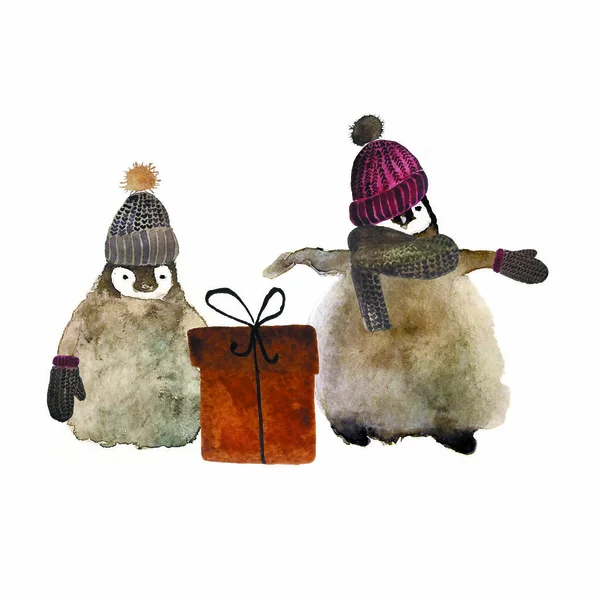 수채화의 겨울 모자에 귀여운 펭귄 병아리 그려진된 그림 손 — 스톡 사진