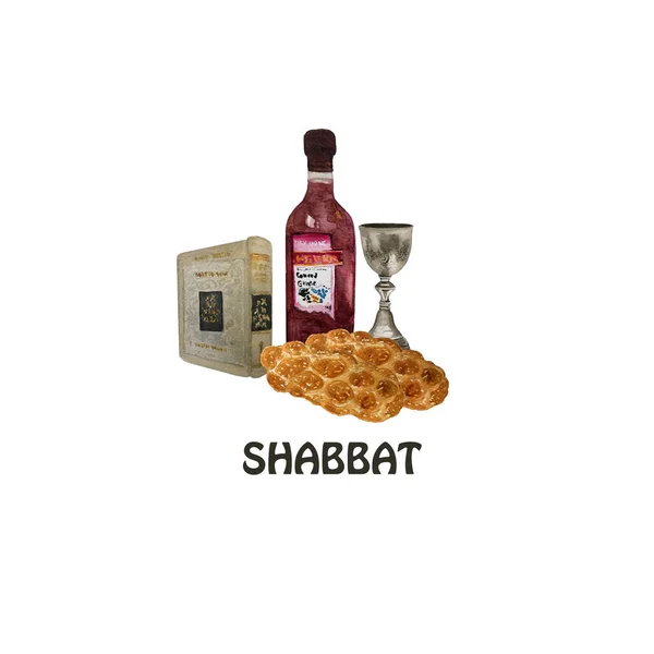 Lechem Mishneh e kiddush acquerello illustrazione per shabbat ebraico. Shabbat shalom israeliano disegnato a mano — Foto Stock