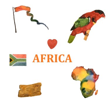Elle çizilmiş suluboya Afrika Haritası papağan ve üzerinde beyaz izole bayrağı ile.