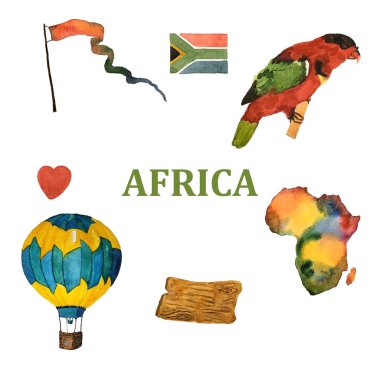 Elle çizilmiş suluboya Afrika Haritası papağan ve üzerinde beyaz izole bayrağı ile.