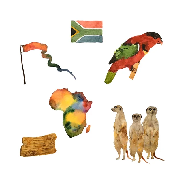 Mão desenhado mapa aquarela da África com papagaio e bandeira isolada em branco . — Fotografia de Stock