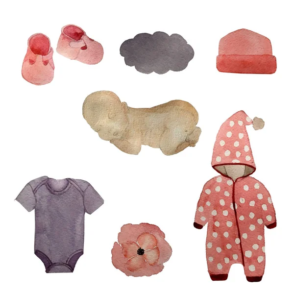 Bebé recién nacido niña dibujado elementos conjunto con juguetes de ropa de bebé y objetos para el cuidado ilustración aislada — Foto de Stock