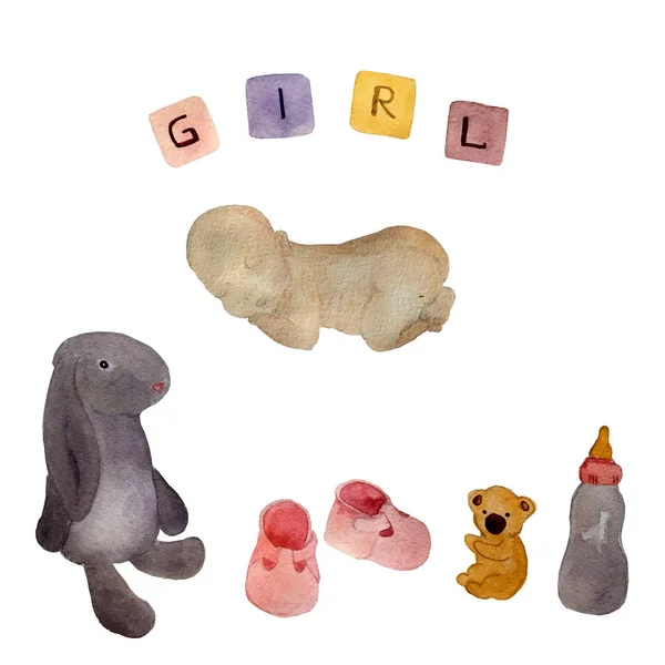 Bebê recém-nascido menina elementos desenhados conjunto com brinquedos de roupas de bebê e objetos para cuidados ilustração isolada — Fotografia de Stock