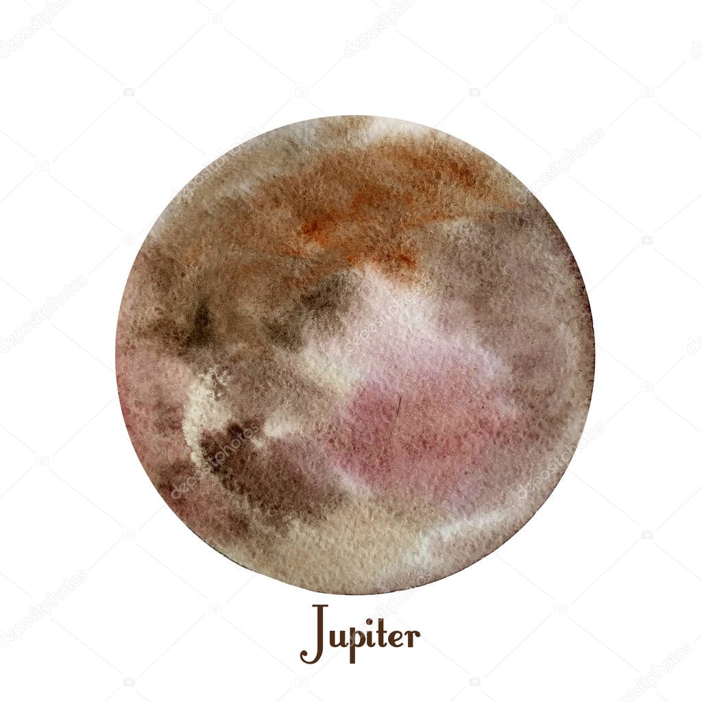 Jupiter planet watercolor isolated on white background. Watercolour hand drawn gray, rose and beige planet magic art work illustration. Abstract planet ball.