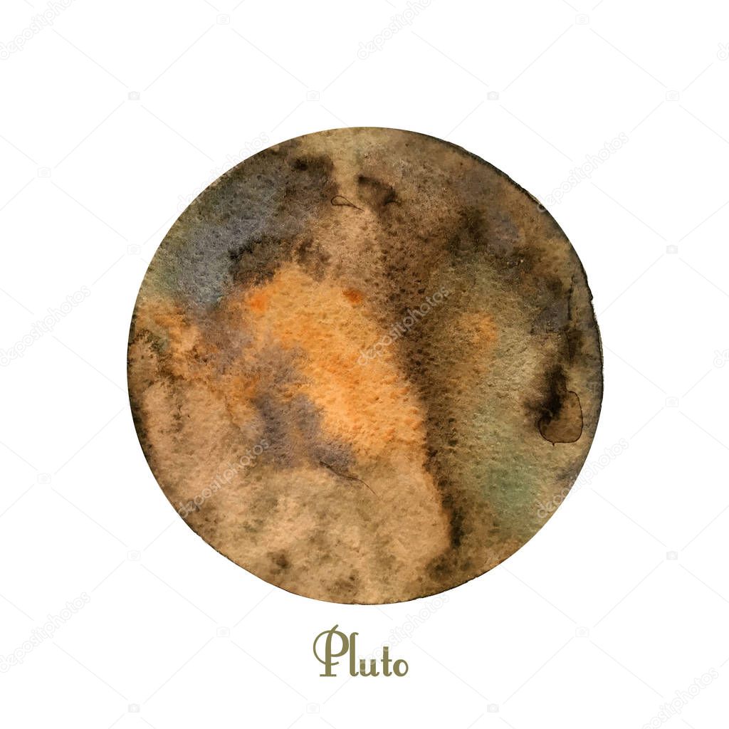 Pluto planet watercolor isolated on white background. Watercolour hand drawn gray, rose and beige planet magic art work illustration. Abstract planet ball.