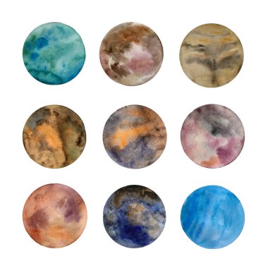 Beyaz arka plan üzerinde izole renkli gezegenler kümesi. Suluboya el soyut gezegen topları sihirli sanat iş resimde çekilmiş. Renkli soyut geometrik yuvarlak şekli küre disk disk.