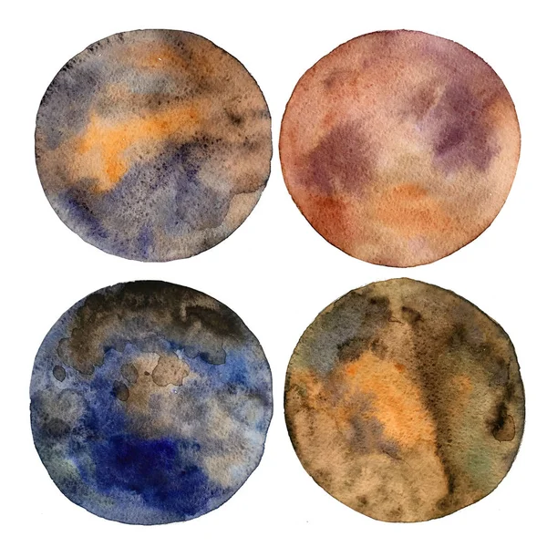 Conjunto de planetas coloridos isolados sobre fundo branco. Aquarela mão desenhado abstrato planeta bolas magia arte trabalho ilustração. Disco de disco de esfera de forma redonda geométrica abstrata colorida . — Fotografia de Stock