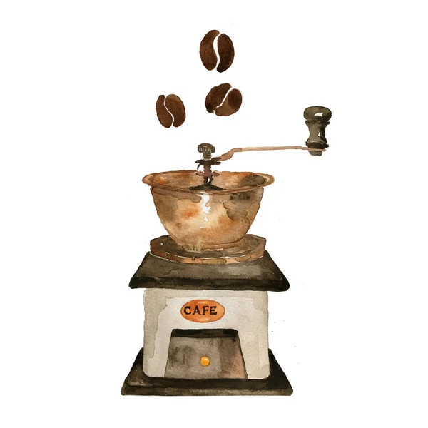 Coleção de aquarela de café em branco isolado: moinho de café, cafeteira, feijão, especiarias, xícara de café — Fotografia de Stock