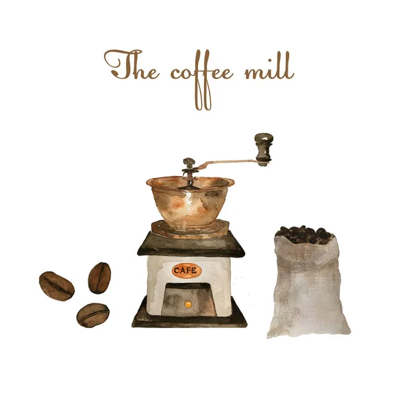Coleção de aquarela de café em branco isolado: moinho de café, cafeteira, feijão, especiarias, xícara de café — Fotografia de Stock