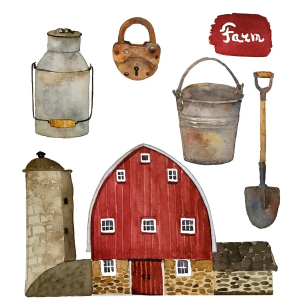 Conjunto de aquarela de um edifício agrícola de produção local, balde, gomas de pá e uma fechadura — Fotografia de Stock