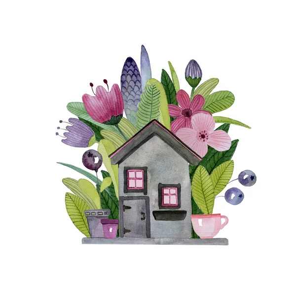 Küçük ev ile çiçek ve meyveler buket bahar. Bahar kartı suluboya resim — Stok fotoğraf