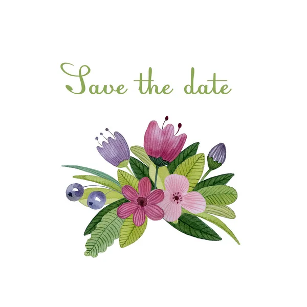 Spring flowers and berries bouquet. Spring card watercolor illustration. Save the date — Stock Photo, Image