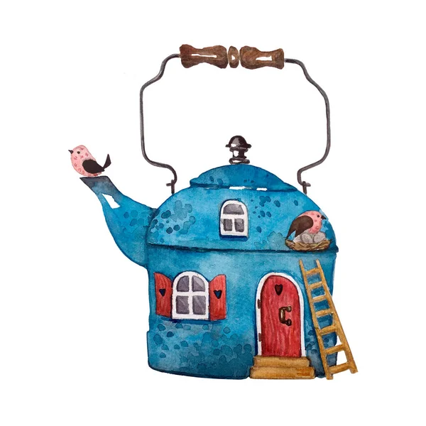 Pequena casa azul forma de chaleira com escada. Cartão ilustração aquarela — Fotografia de Stock