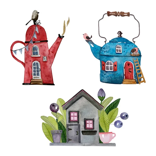 Malý modrý dům tvar konvice s žebřík a červený dům. Akvarelu ilustrace karet — Stock fotografie