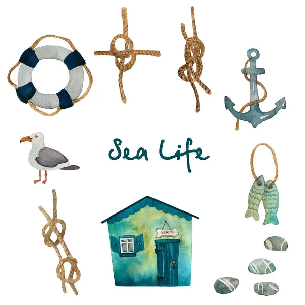 Watercolor nautical set of sea travelling . Hand drawn cartoon elements: seahouse, fishes, sea gull, pebbles, sea knots anchor. Isolated design objects on white background. Nautical collection — Stock Photo, Image