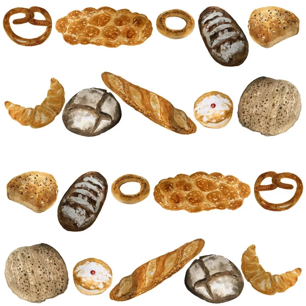 Bröd, bageriprodukt akvarell ritning mönster. Färsk limpa, baguette, croissant, cupcake, rostat bröd, hamburgare och söt bulle, kringla och Challah. Naturligt ekologiskt bröd, bageri butik design — Stockfoto