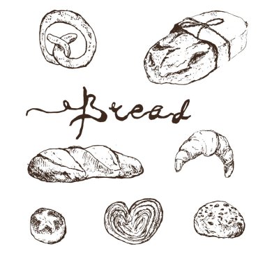 Ekmek, fırın ürün vektör çizim seti. Taze ekmek, baget, kruvasan, cupcake, tost, burger ve tatlı çörek, kraker ve challah. Doğal organik ekmek, fırın dükkanı tasarımı