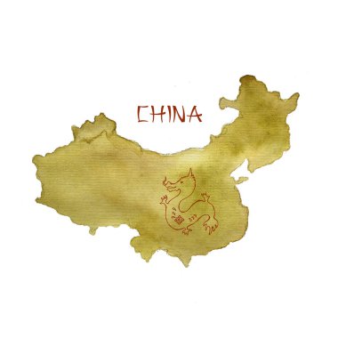 Seyahat için Çin Suluboya haritası. Renkli mürekkepli kalem çin sembolleri ile Izole İllüstrasyon, çaydanlık.