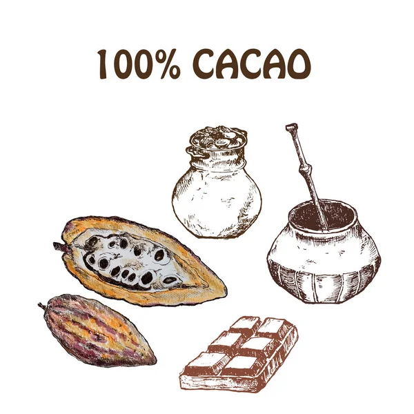 Conjunto de produtos de chocolate de cacau desenhado à mão. Ilustração vintage de alimentos naturais saudáveis. Lápis coloridos — Fotografia de Stock