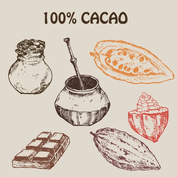 Set di prodotti di cioccolato al cacao disegnato a mano. Illustrazione vettoriale vintage di alimenti sani naturali per menu e infografiche — Vettoriale Stock