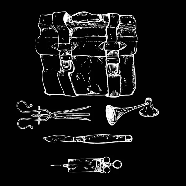 医療器具のヴィンテージセット:注射器、手術はさみ、レトロな医師のバッグ。スケッチ スタイル ベクトル イラストレーション。古い手描きの模造品。ヴィンテージオブジェクトイラスト — ストックベクタ